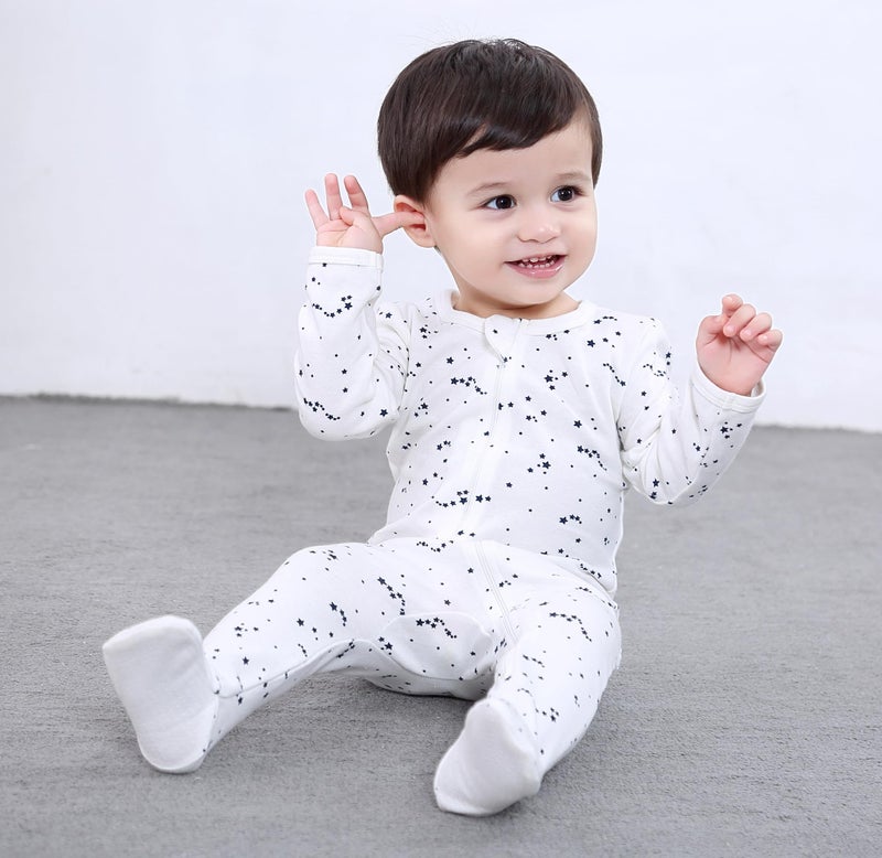 Owlivia Organic Cotton Baby Pajamas, Boys Girls 2-Pack Zip Front Sleep 'N Play, Footed Sleeper, Long Sleeve(0-3 Months, Gray Melange+Blue Star) - Image 2